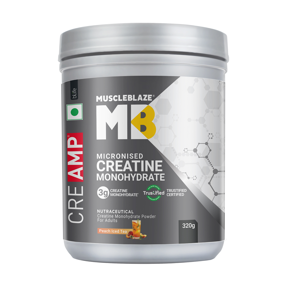 MuscleBlaze Micronised Creatine Monohydrate CreAMP Powder (Peach Iced Tea, 320g) | 80 Servings | Trustified Certified Creatine-image-48