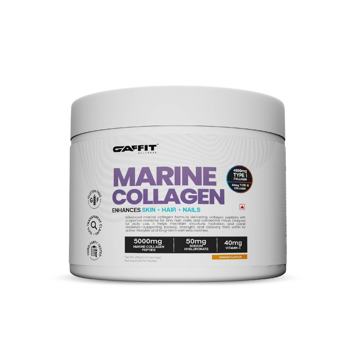 GAFFIT Marine Collagen 5000mg | Type I & III Marine Collagen Peptides | Sodium Hyaluronate, Vitamin C, E & Biotin | Skin, Hair & Nail Support | 200g | Orange-image-47